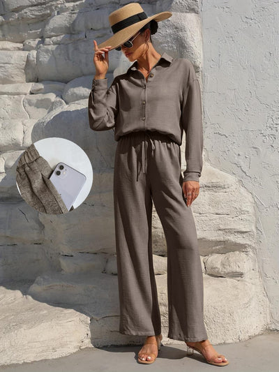 LM131 Women’s Solid Button Front Shirt& Tie Front Wide Leg Pants With Pocket Tow-piece Set
