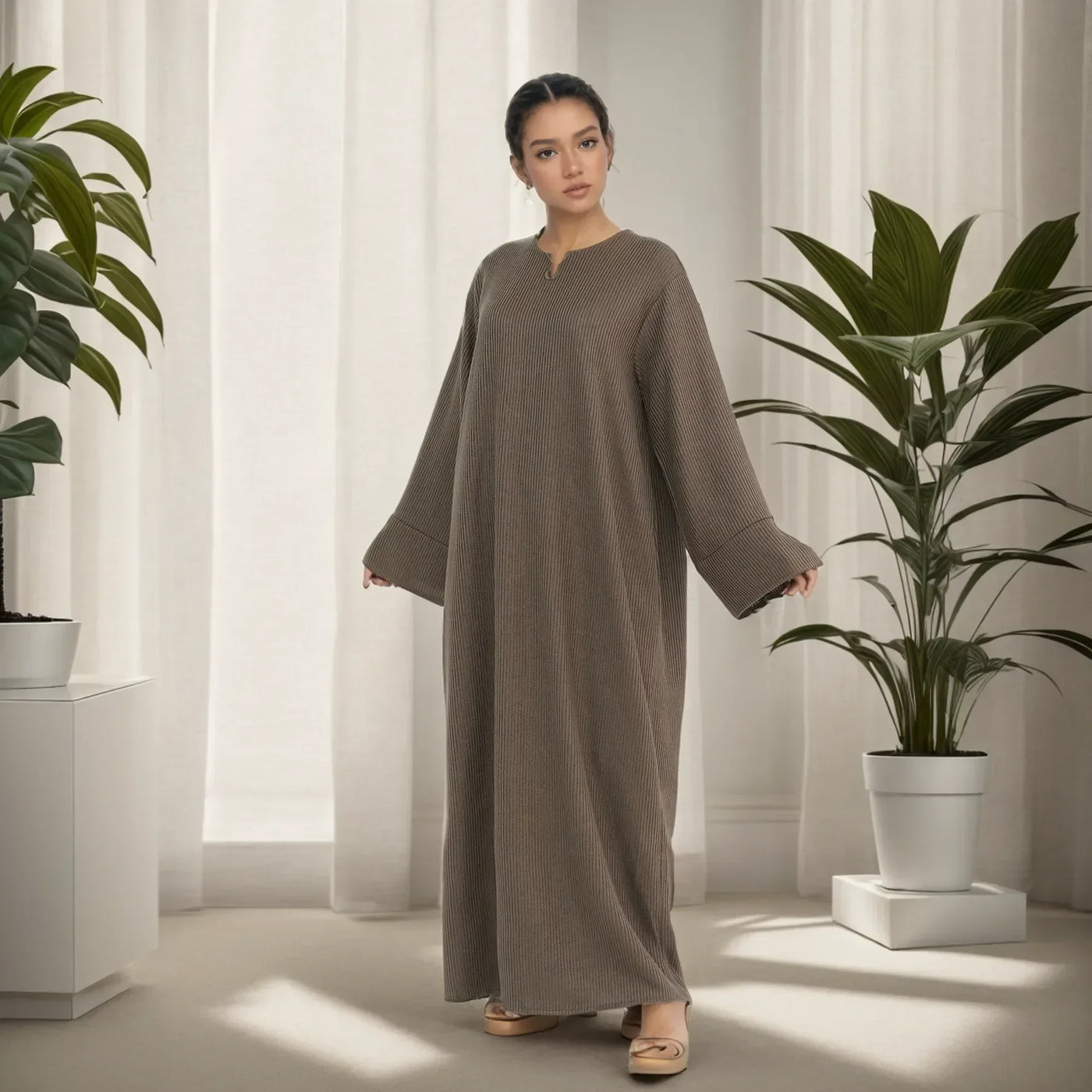 Cozy Winter Abaya Maxi Dress – Knitted Closed Design for Modest Women | LM075 - LM075-Coffee-XS/S LumosModesty