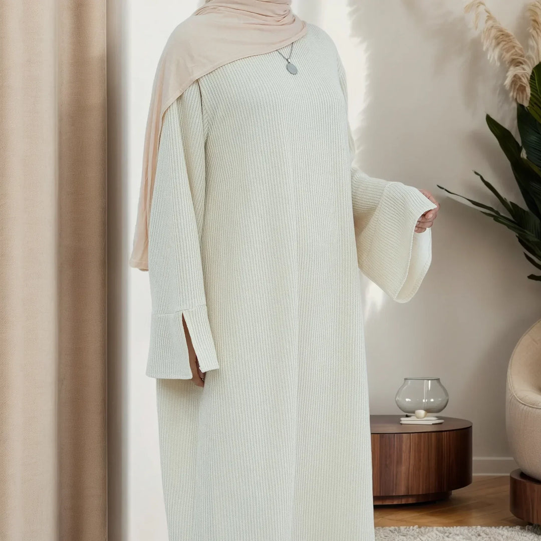 Cozy Winter Abaya for Women  LM075 Knitted Maxi Dress Cream / M/L