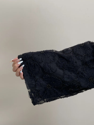 LM126 Elegant 3-Piece Pearl Beaded Abaya Set – Floral Kimono, Inner Dress & Matching Scarf - LM126-black-S LumosModesty