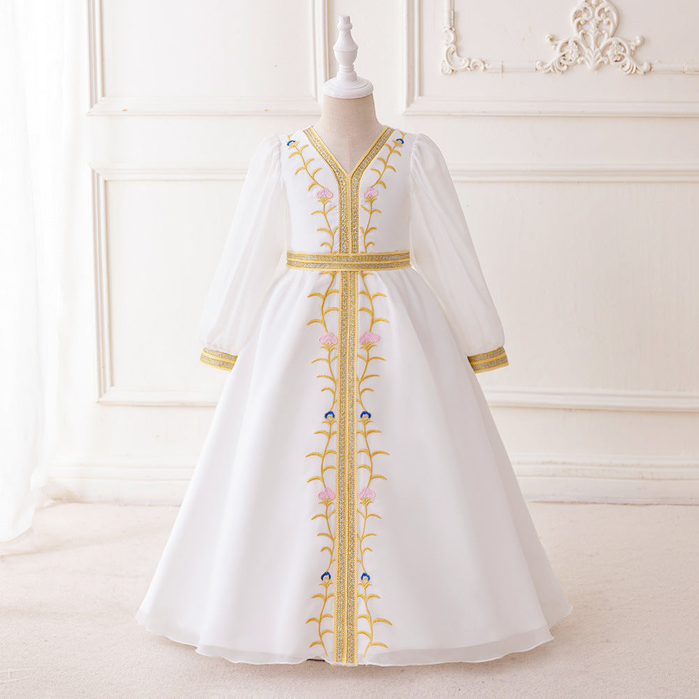 LM201 Girls Eid Dress – Long Sleeve Modest Muslim Party Gown, Embroidered, Full Length (4–7Y)