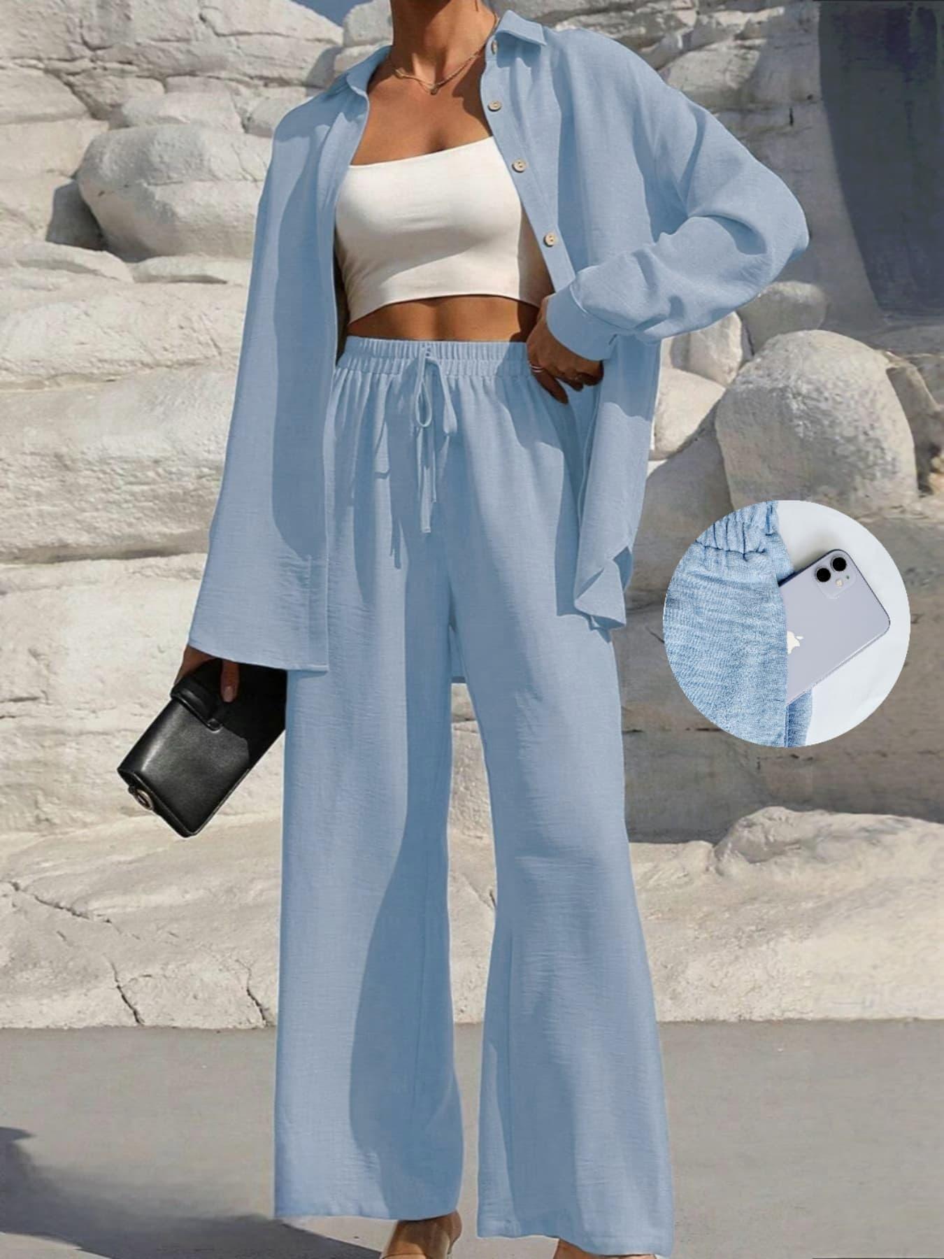 LM131 Women’s Solid Button Front Shirt& Tie Front Wide Leg Pants With Pocket Tow-piece Set