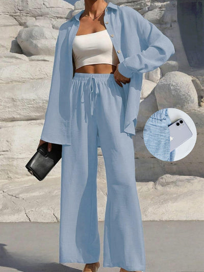 LM131 Women’s Solid Button Front Shirt& Tie Front Wide Leg Pants With Pocket Tow-piece Set