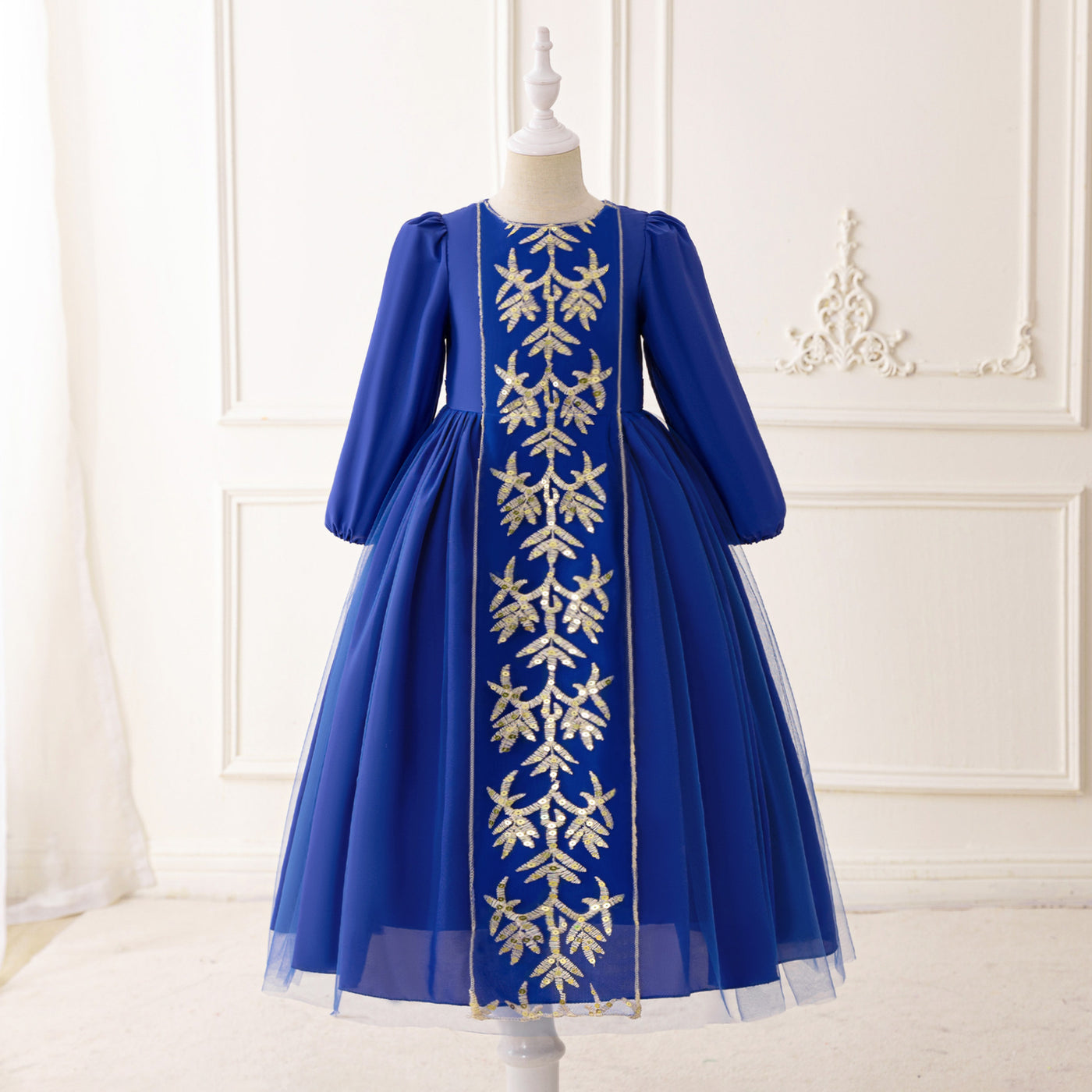 LM206 Girls Eid Dress – Long Sleeve Modest Muslim Party Gown, Embroidered, Full Length (4–7Y)