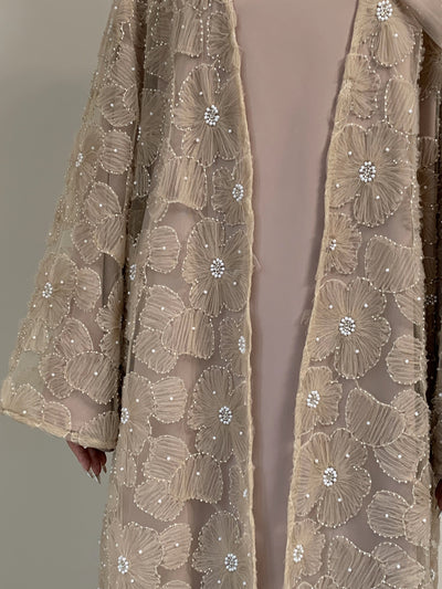 LM126 Elegant 3-Piece Pearl Beaded Abaya Set – Floral Kimono, Inner Dress & Matching Scarf - LM126-black-S LumosModesty