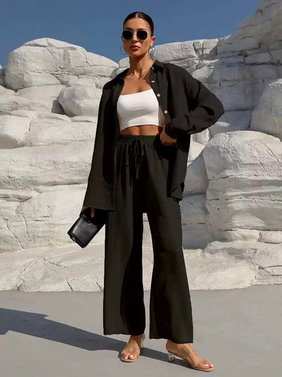 LM131 Women’s Solid Button Front Shirt& Tie Front Wide Leg Pants With Pocket Tow-piece Set