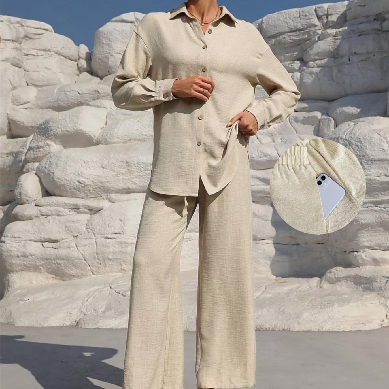 LM131 Women’s Solid Button Front Shirt& Tie Front Wide Leg Pants With Pocket Tow-piece Set