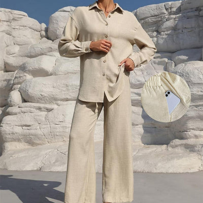 LM131 Women’s Solid Button Front Shirt& Tie Front Wide Leg Pants With Pocket Tow-piece Set