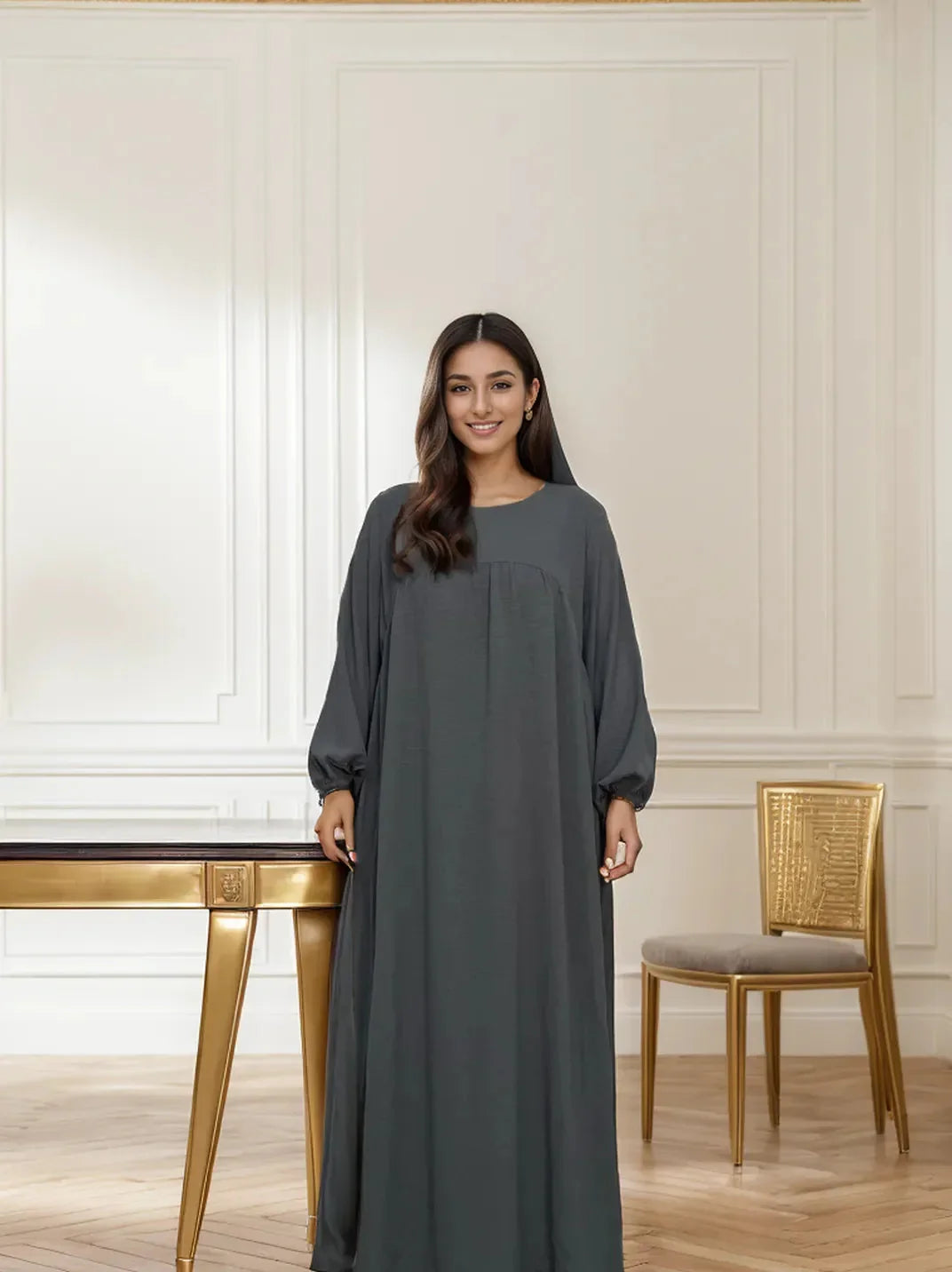Elegant Balloon Sleeves Abaya with Pockets – Modest Islamic Dress | LM021 - LM021-BEIGE-S(50-52) LumosModesty