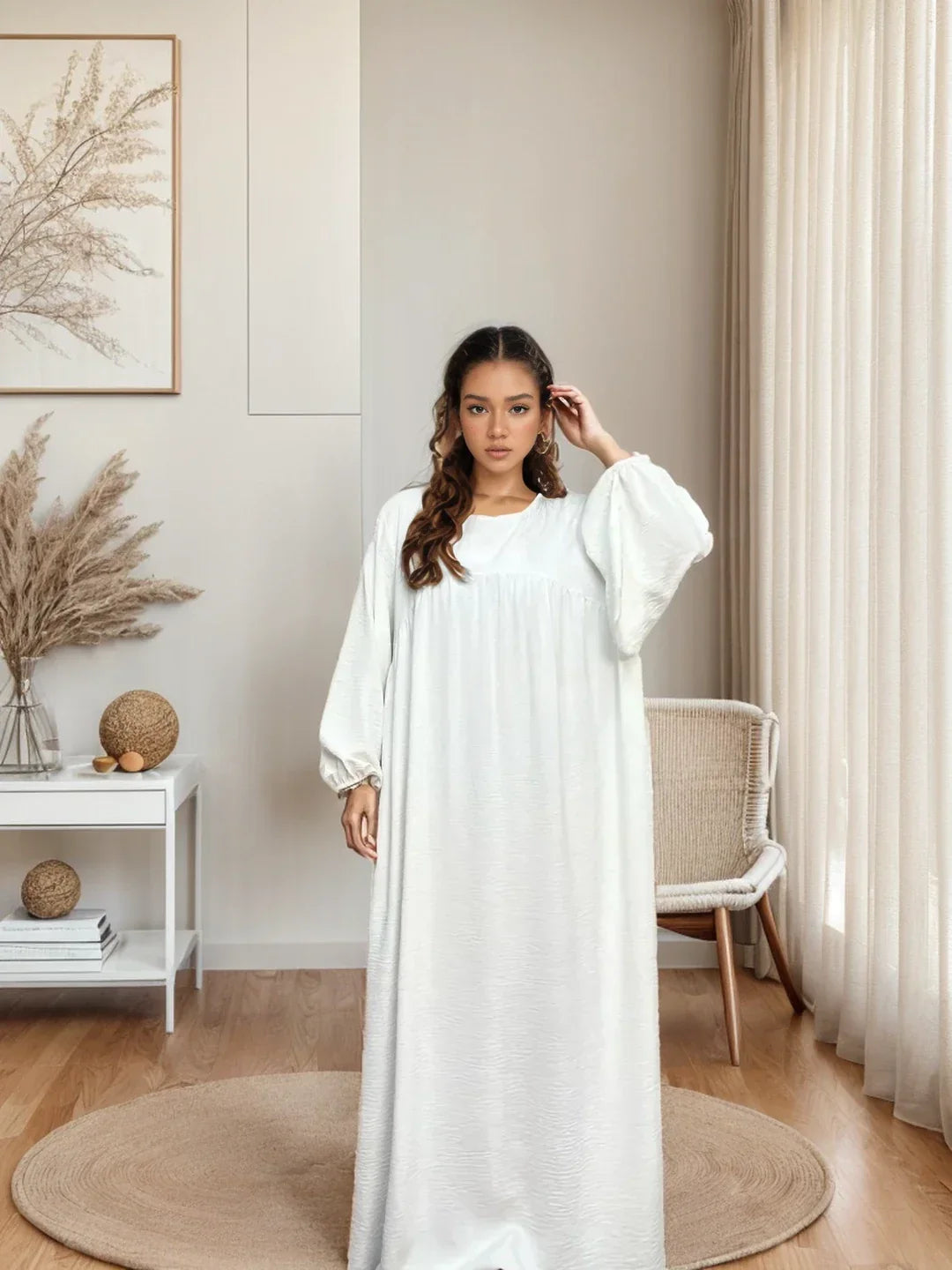 Elegant Balloon Sleeves Abaya with Pockets – Modest Islamic Dress | LM021 - LM021-BEIGE-S(50-52) LumosModesty
