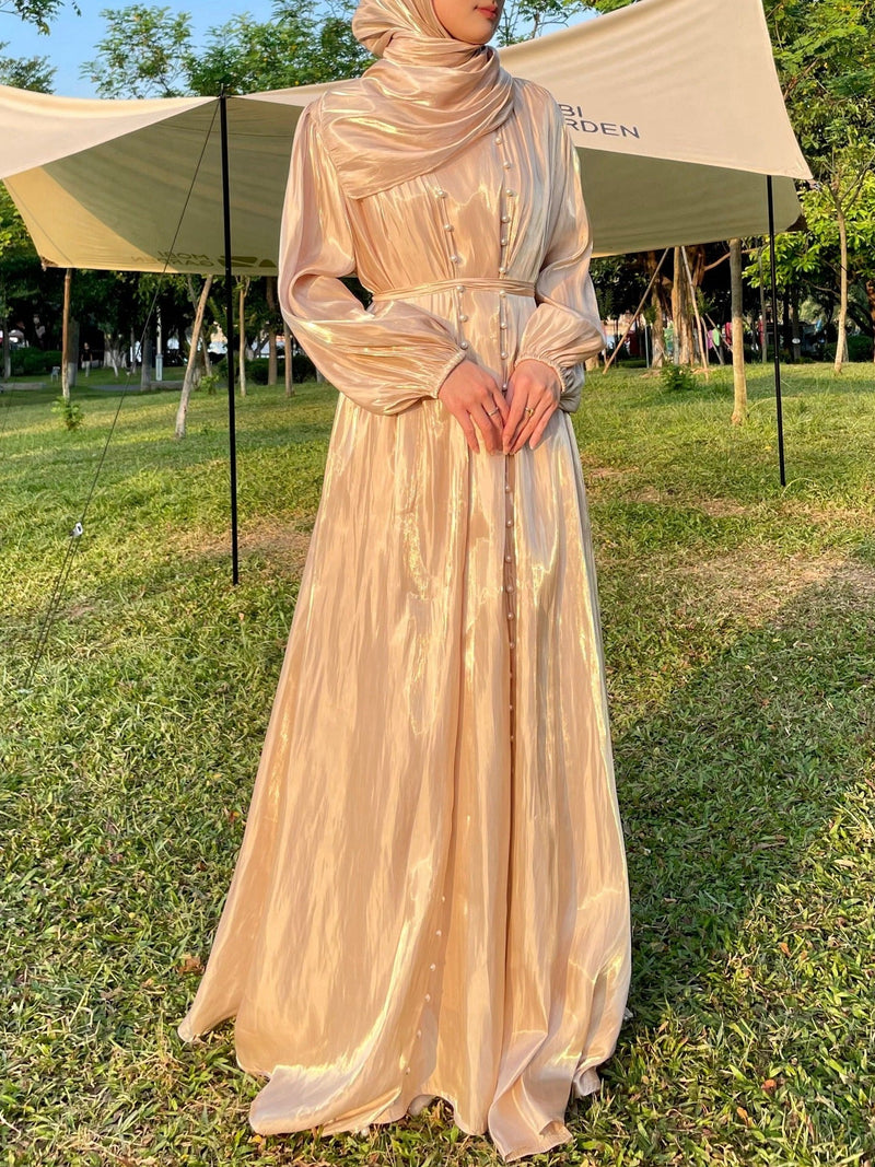 LM334 Silk Chiffon Modest Set with Hijab & Pearl Belt - Muslim Women Elegant Fashion|  Transparent Sleeves⚠️ $71.15