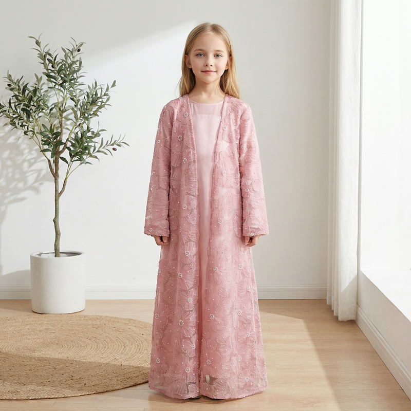 LM333 Girls Mesh Flower Bead Jacket & Satin Dress Set | Ages 7–14 | Eid Modest Fashion $115.43
