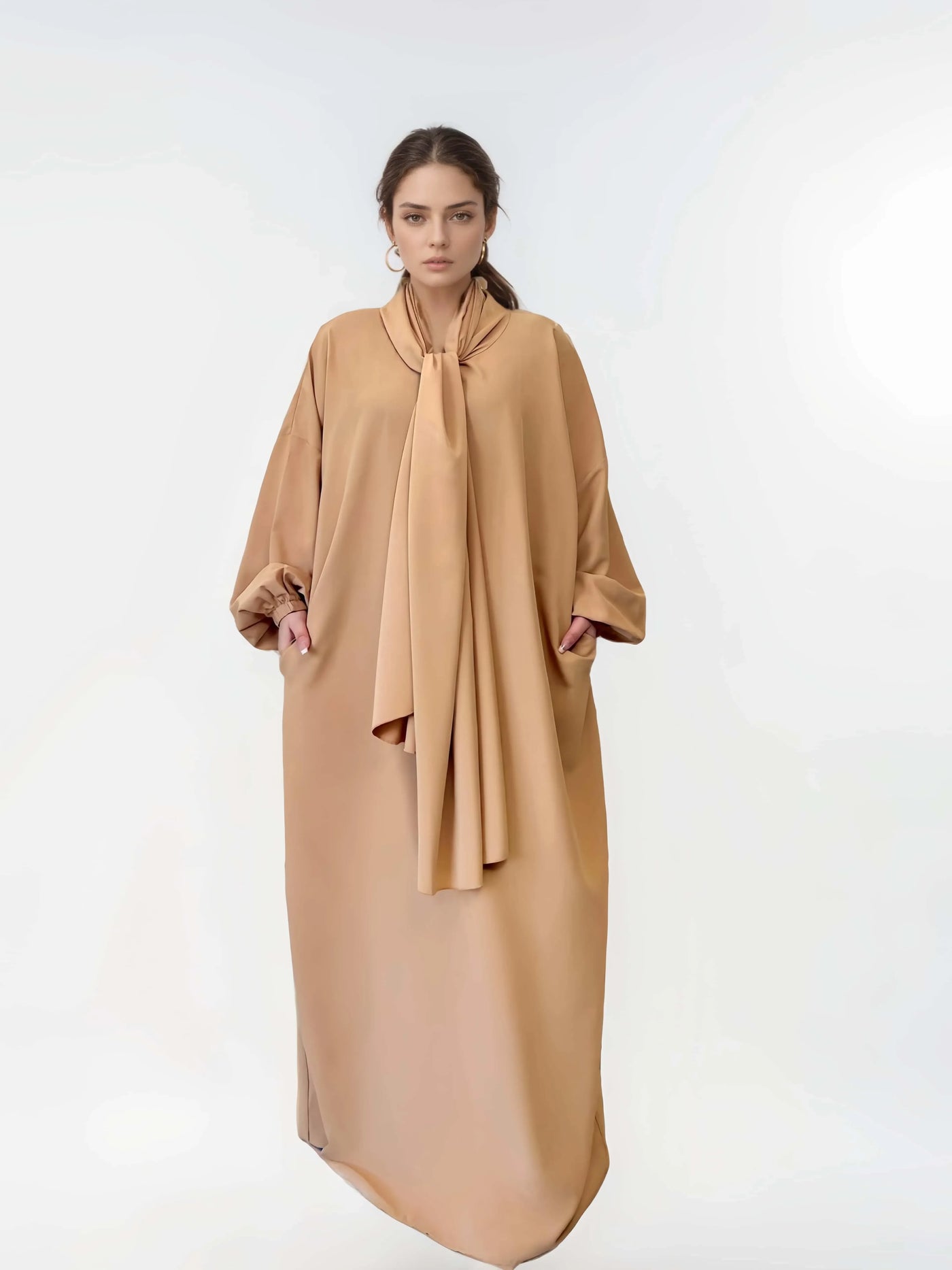 LM003 Hooded Abaya Hijab -Attached With Scarf - Pockets (Buy One Get One Free） - LM003-LATTE-0=S (4'11-5'1) LumosModesty