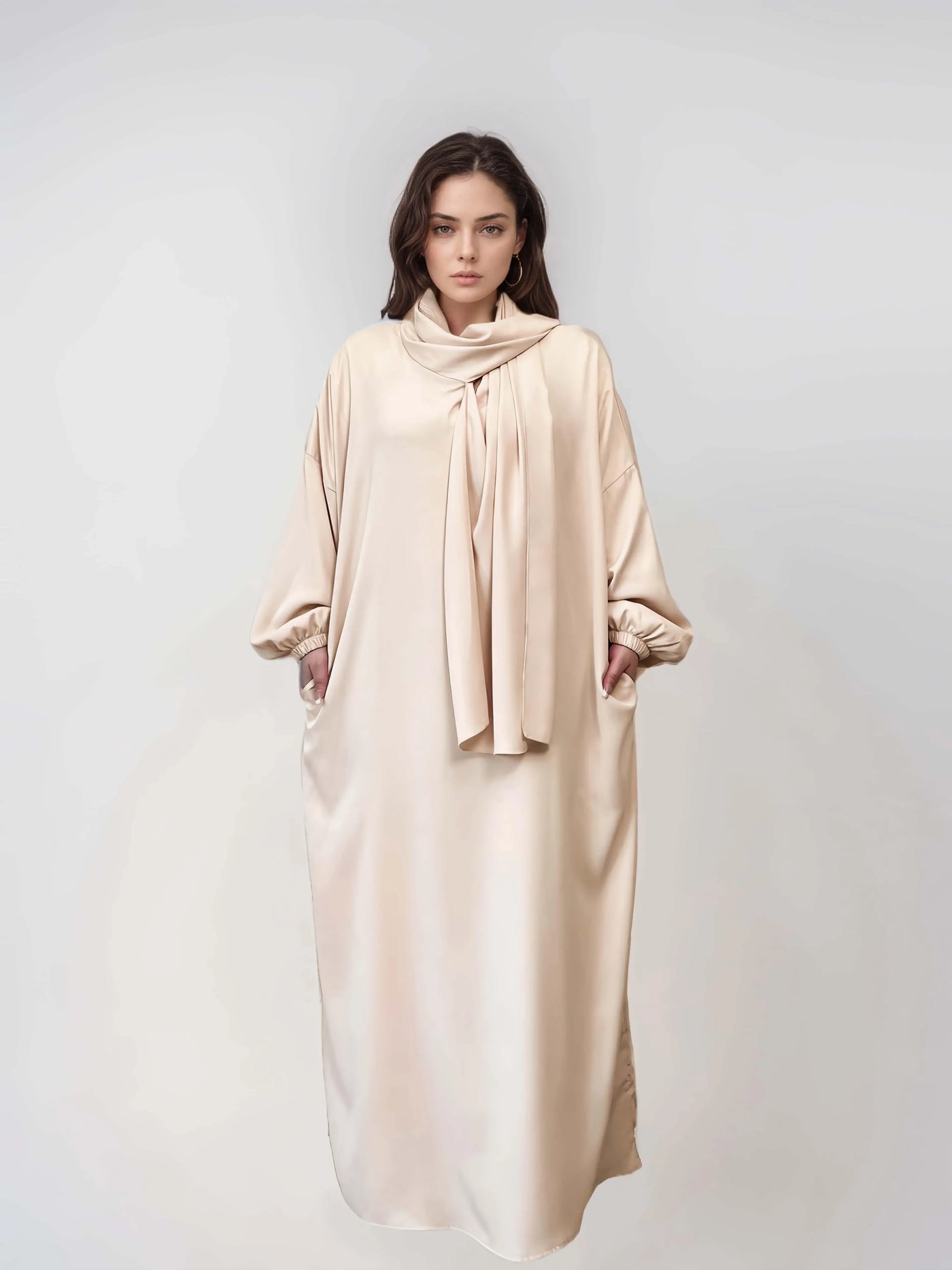 LM003 Hooded Abaya Hijab -Attached With Scarf - Pockets (Buy One Get One Free） - LM003-LATTE-0=S (4'11-5'1) LumosModesty