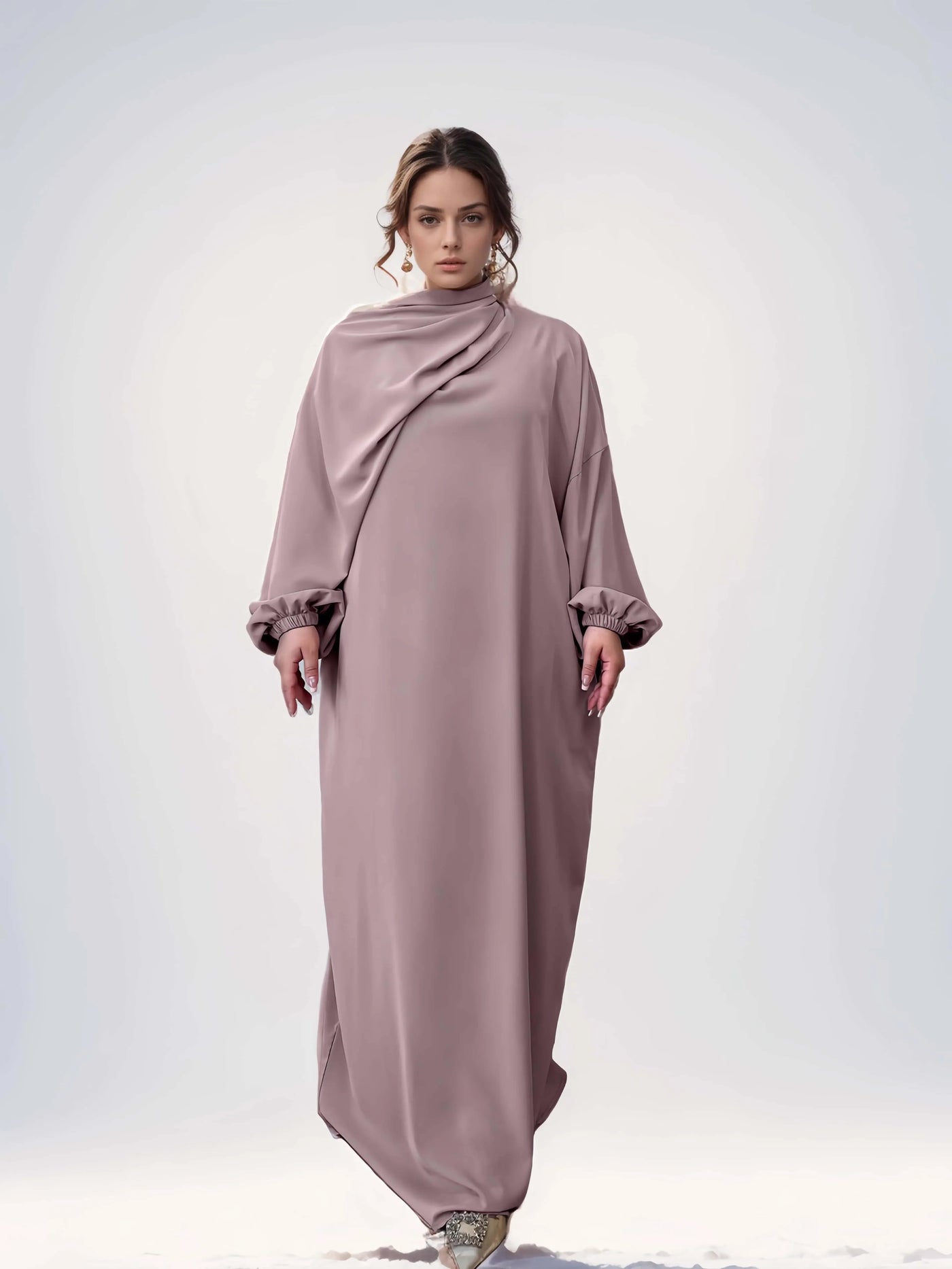 LM003 Hooded Abaya Hijab -Attached With Scarf - Pockets (Buy One Get One Free） - LM003-LATTE-0=S (4'11-5'1) LumosModesty