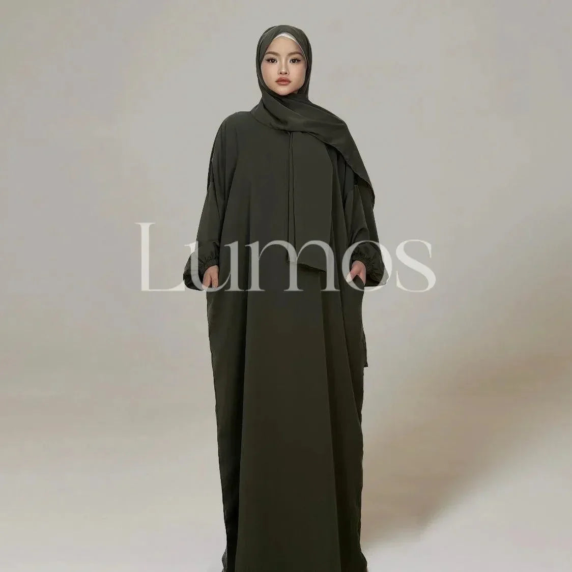 LM003 Hooded Abaya Hijab -Attached With Scarf - Pockets (Buy One Get One Free） - LM003-LATTE-0=S (4'11-5'1) LumosModesty