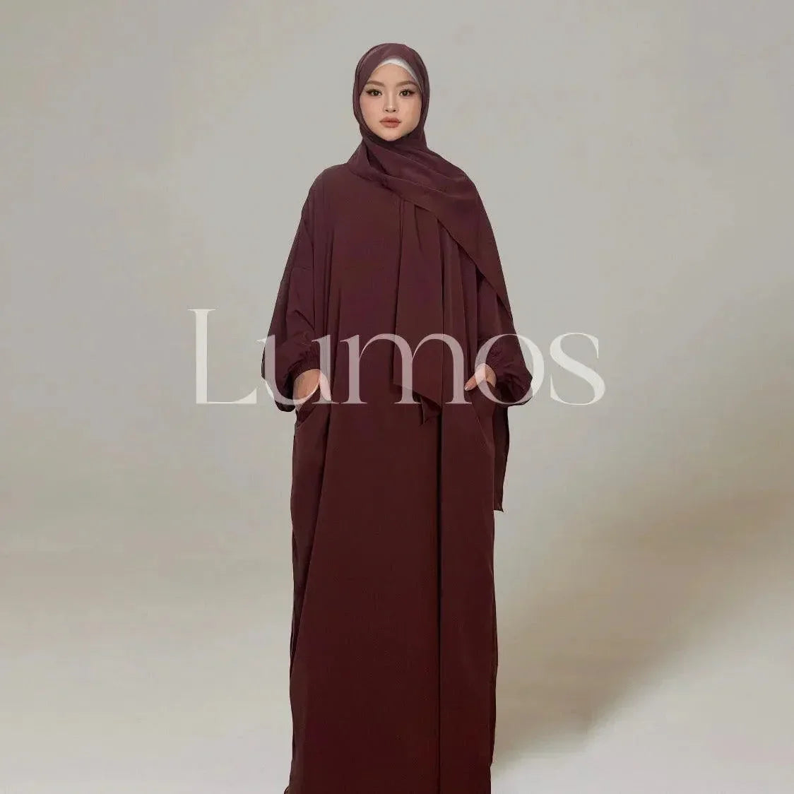 LM003 Hooded Abaya Hijab -Attached With Scarf - Pockets (Buy One Get One Free） - LM003-LATTE-0=S (4'11-5'1) LumosModesty
