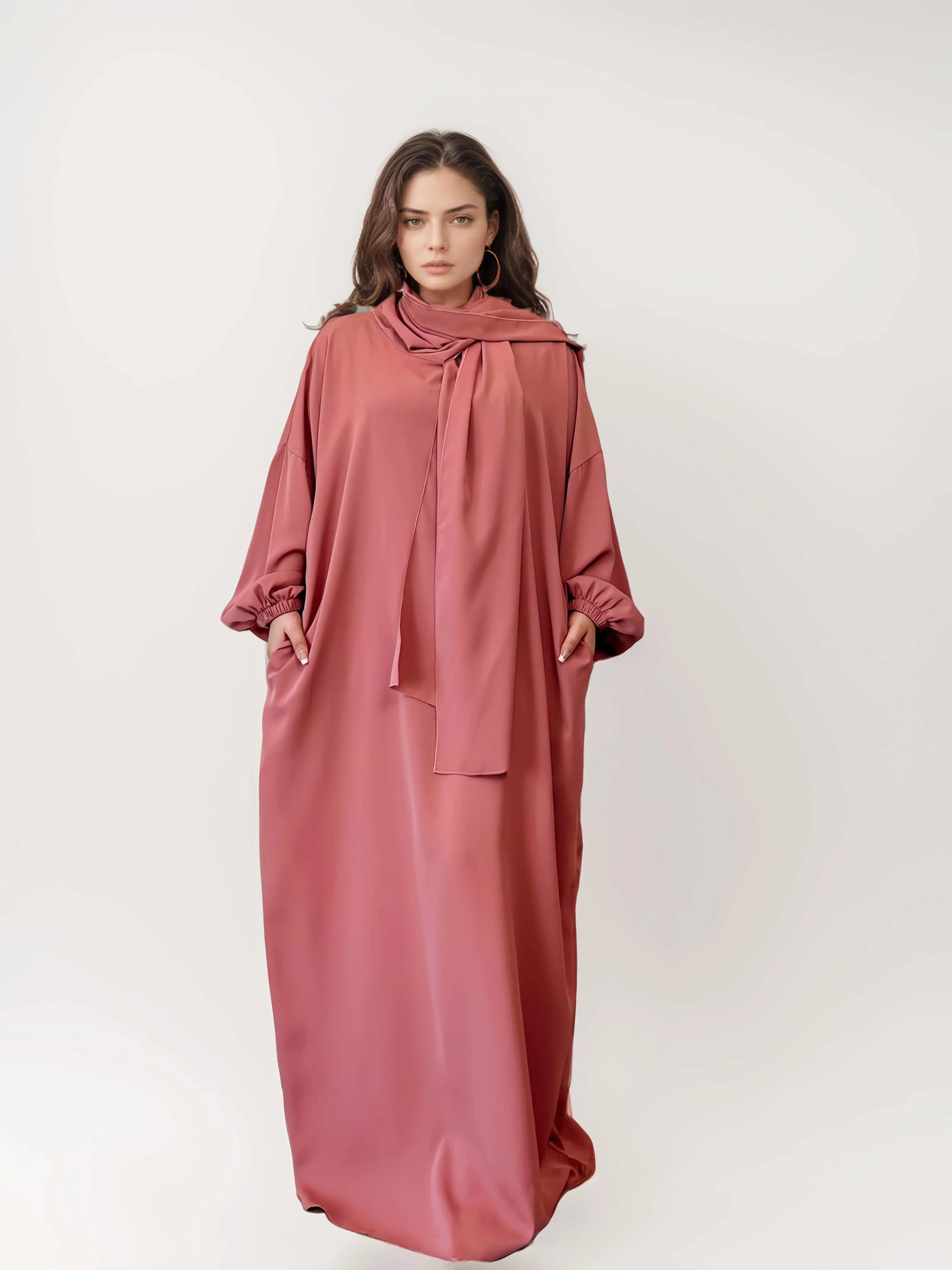 LM003 Hooded Abaya Hijab -Attached With Scarf - Pockets (Buy One Get One Free） - LM003-LATTE-0=S (4'11-5'1) LumosModesty