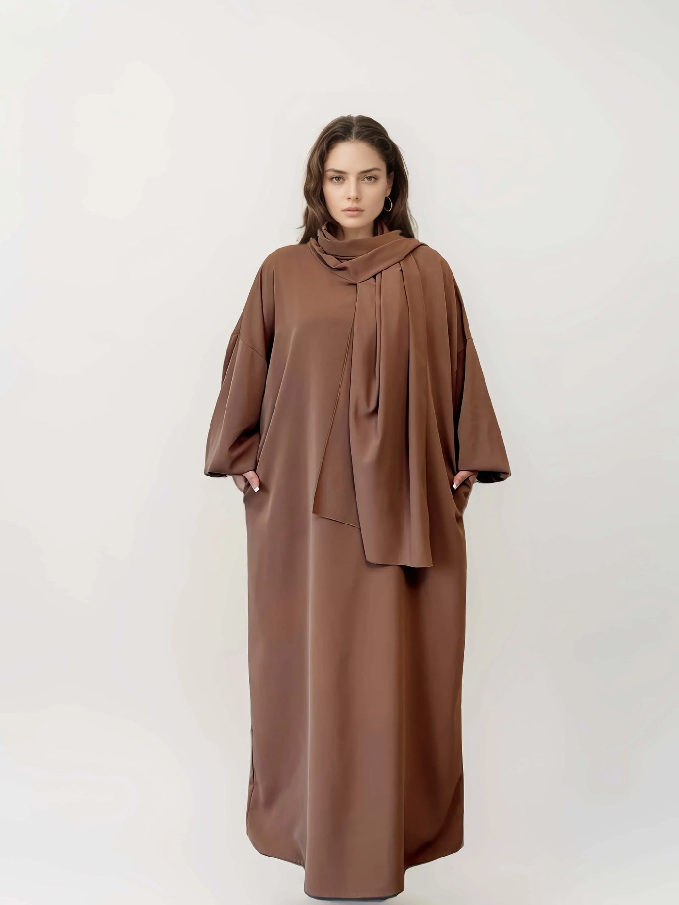 LM003 Hooded Abaya Hijab -Attached With Scarf - Pockets (Buy One Get One Free） - LM003-LATTE-0=S (4'11-5'1) LumosModesty