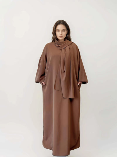 LM003 Hooded Abaya Hijab -Attached With Scarf - Pockets (Buy One Get One Free） - LM003-LATTE-0=S (4'11-5'1) LumosModesty