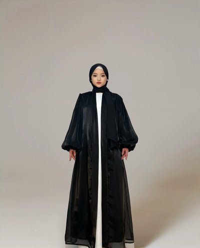 LM005 Premium Eid Abaya | Shiny Open Abaya with Balloon Sleeves | Modest Fashion Islamic Clothing for Women - LM005-WHITE-S (52)-Cardigan + White Inner LumosModesty