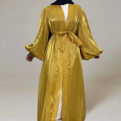 LM005 Premium Eid Abaya | Shiny Open Abaya with Balloon Sleeves | Modest Fashion Islamic Clothing for Women - LM005-WHITE-S (52)-Cardigan + White Inner LumosModesty