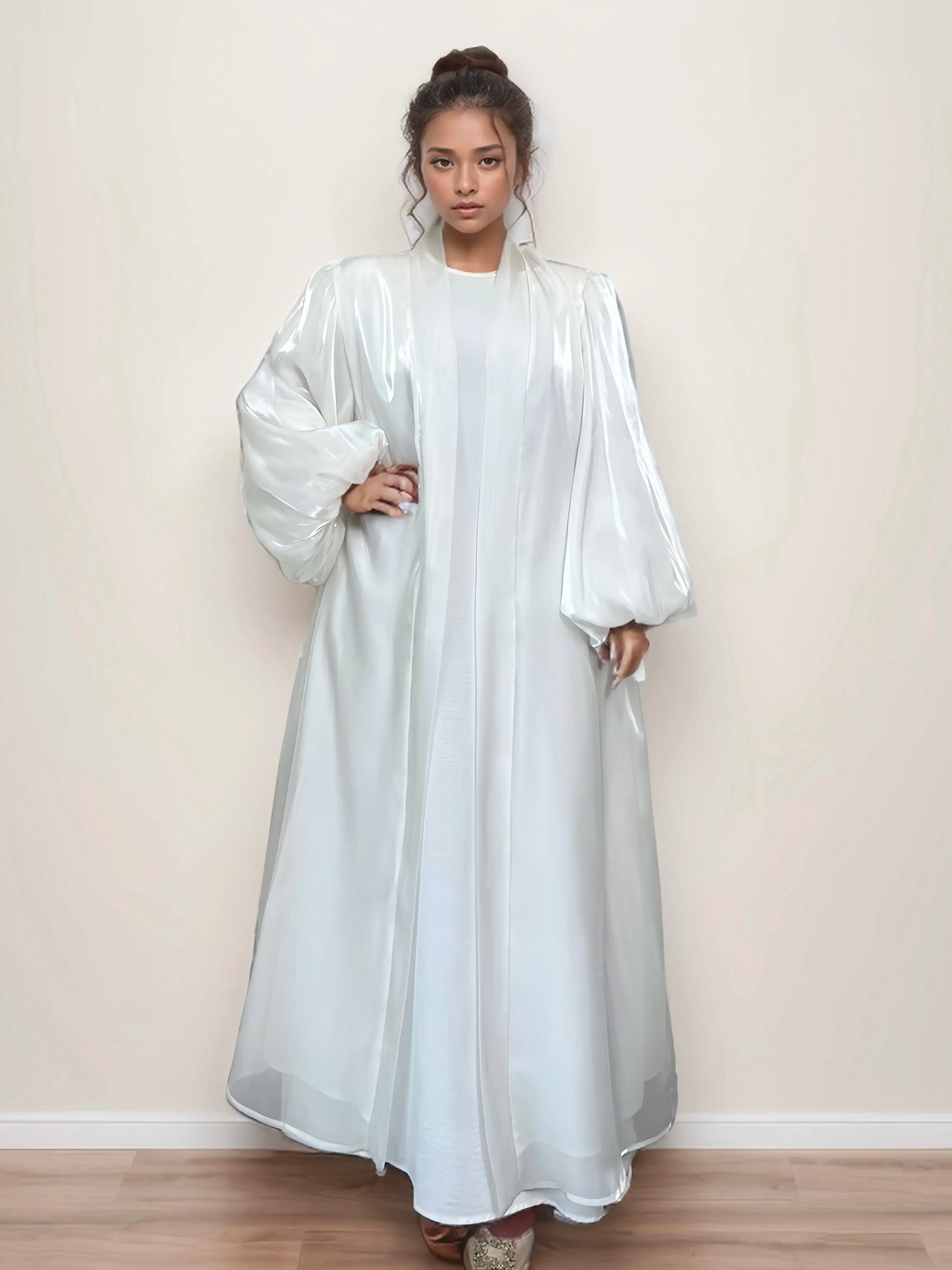 LM005 Premium Eid Abaya | Shiny Open Abaya with Balloon Sleeves | Modest Fashion Islamic Clothing for Women - LM005-WHITE-S (52)-Cardigan + White Inner LumosModesty