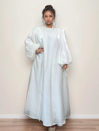 LM005 Premium Eid Abaya | Shiny Open Abaya with Balloon Sleeves | Modest Fashion Islamic Clothing for Women - LM005-WHITE-S (52)-Cardigan + White Inner LumosModesty