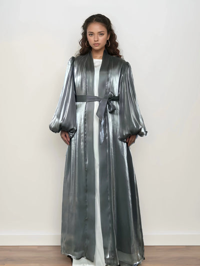 LM005 Premium Eid Abaya | Shiny Open Abaya with Balloon Sleeves | Modest Fashion Islamic Clothing for Women - LM005-WHITE-S (52)-Cardigan + White Inner LumosModesty