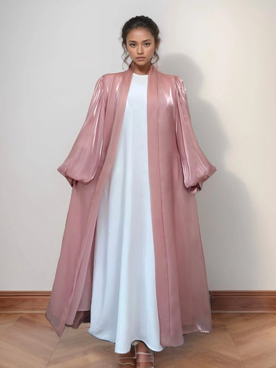LM005 Premium Eid Abaya | Shiny Open Abaya with Balloon Sleeves | Modest Fashion Islamic Clothing for Women - LM005-WHITE-S (52)-Cardigan + White Inner LumosModesty