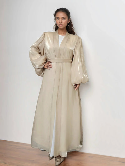 LM005 Premium Eid Abaya | Shiny Open Abaya with Balloon Sleeves | Modest Fashion Islamic Clothing for Women - LM005-WHITE-S (52)-Cardigan + White Inner LumosModesty