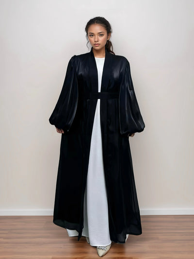 LM005 Premium Eid Abaya | Shiny Open Abaya with Balloon Sleeves | Modest Fashion Islamic Clothing for Women - LM005-WHITE-S (52)-Cardigan + White Inner LumosModesty