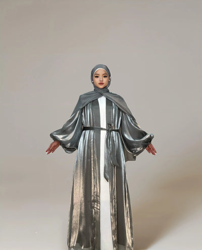 LM005 Premium Eid Abaya | Shiny Open Abaya with Balloon Sleeves | Modest Fashion Islamic Clothing for Women - LM005-WHITE-S (52)-Cardigan + White Inner LumosModesty