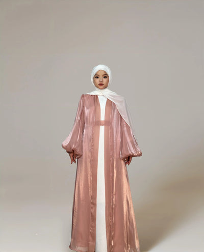 LM005 Premium Eid Abaya | Shiny Open Abaya with Balloon Sleeves | Modest Fashion Islamic Clothing for Women - LM005-WHITE-S (52)-Cardigan + White Inner LumosModesty