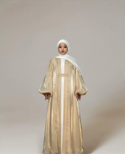 LM005 Premium Eid Abaya | Shiny Open Abaya with Balloon Sleeves | Modest Fashion Islamic Clothing for Women - LM005-WHITE-S (52)-Cardigan + White Inner LumosModesty