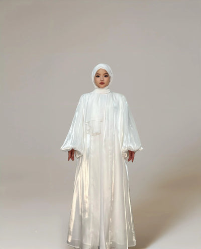 LM005 Premium Eid Abaya | Shiny Open Abaya with Balloon Sleeves | Modest Fashion Islamic Clothing for Women - LM005-WHITE-S (52)-Cardigan + White Inner LumosModesty