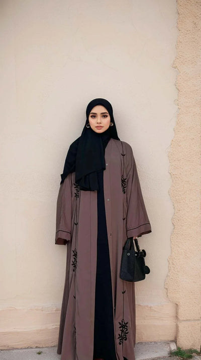 LM006 Embroidery Abaya-Nidha-With Clip Buttons- Tassel Belt - LM006-MAUVE-S (52)-Cardigan + Black Inner LumosModesty