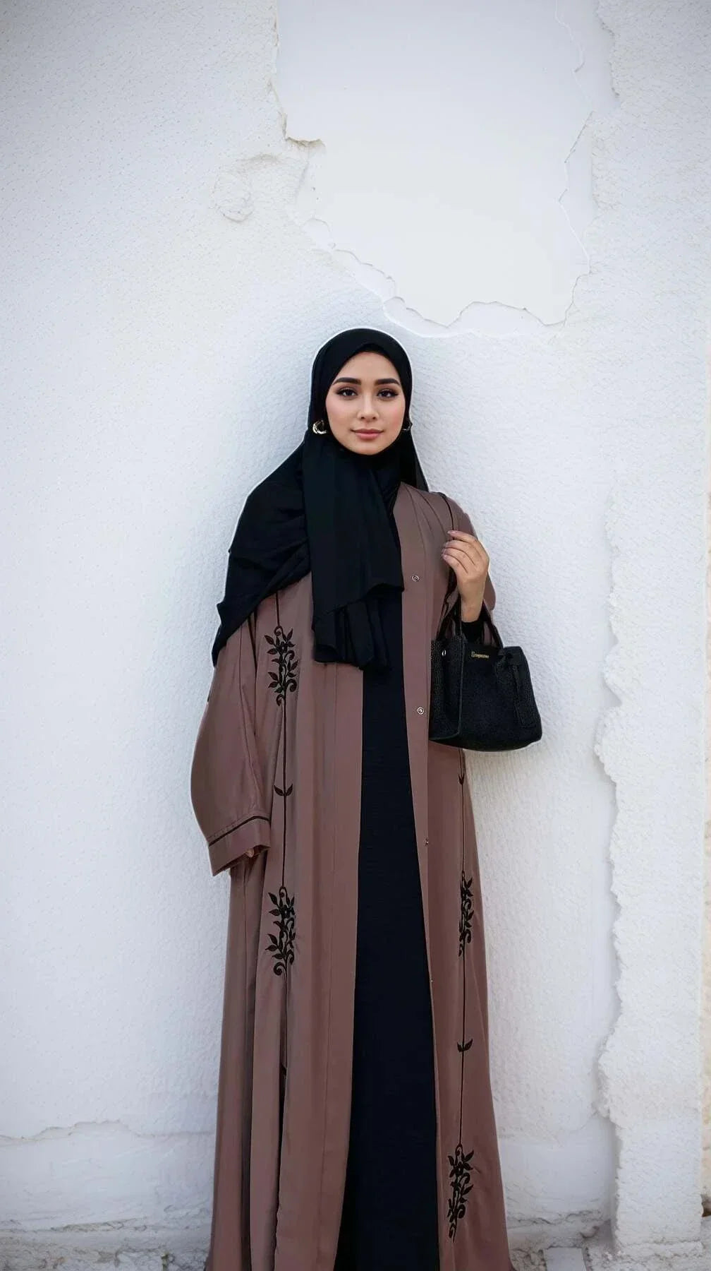 LM006 Embroidery Abaya-Nidha-With Clip Buttons- Tassel Belt - LM006-MAUVE-S (52)-Cardigan + Black Inner LumosModesty