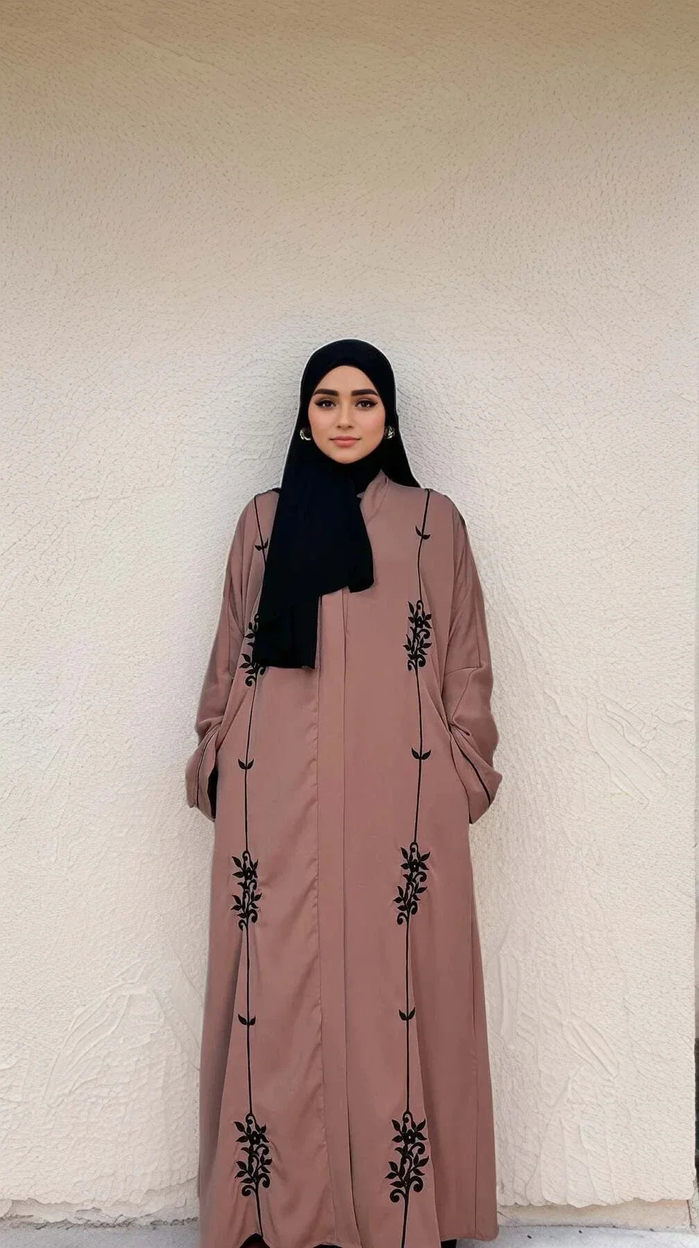LM006 Embroidery Abaya-Nidha-With Clip Buttons- Tassel Belt - LM006-MAUVE-S (52)-Cardigan + Black Inner LumosModesty
