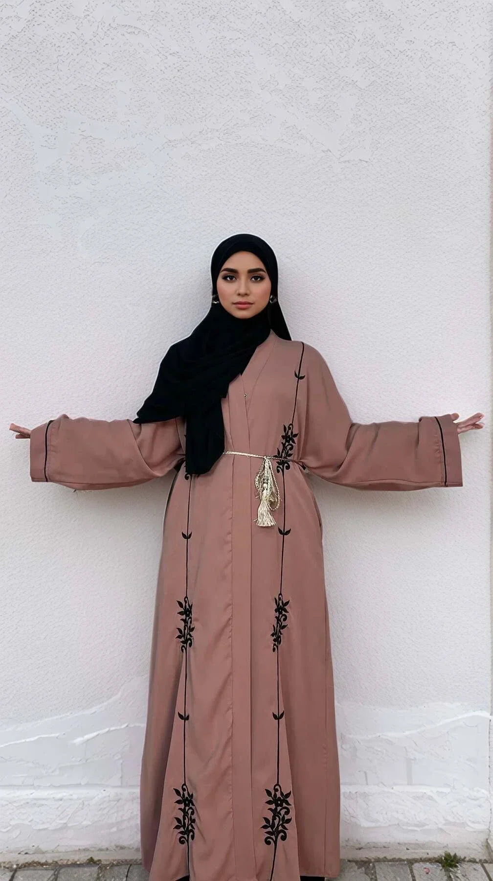 LM006 Embroidery Abaya-Nidha-With Clip Buttons- Tassel Belt - LM006-MAUVE-S (52)-Cardigan + Black Inner LumosModesty