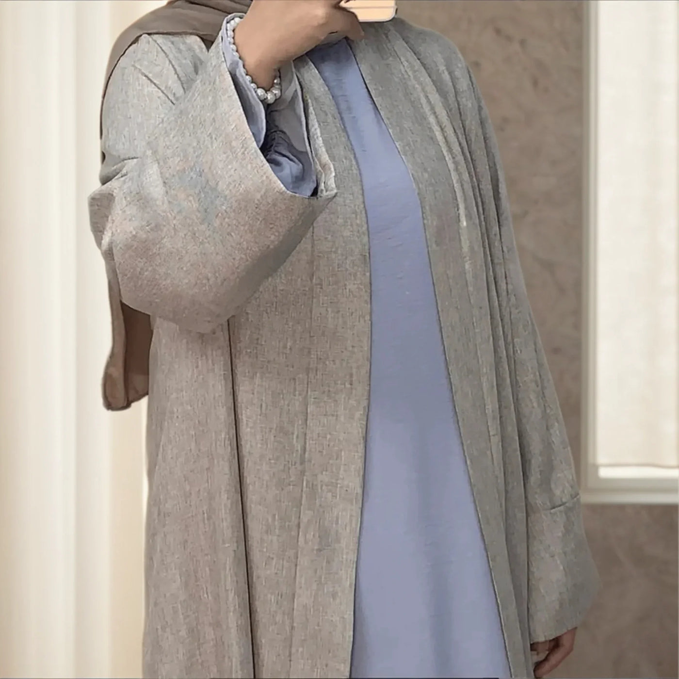LM007 Linen Open Abaya with Belt & Pockets | Lightweight Modest Wear - LM007-CREAM-S (52)-Cardigan + White Inner LumosModesty