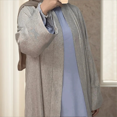 LM007 Linen Open Abaya with Belt & Pockets | Lightweight Modest Wear - LM007-CREAM-S (52)-Cardigan + White Inner LumosModesty