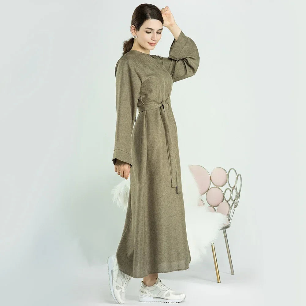 LM007 Linen Open Abaya with Belt & Pockets | Lightweight Modest Wear - LM007-OAT-S (52)-Cardigan LumosModesty