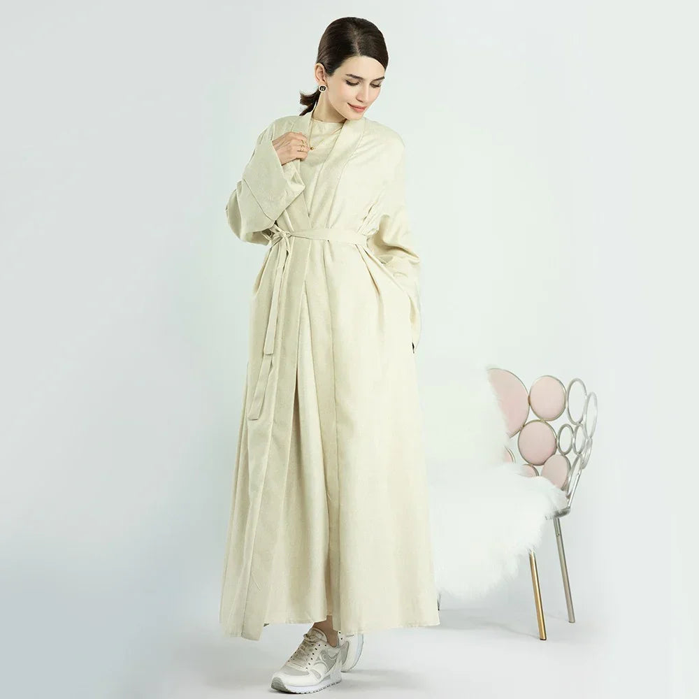 LM007 Linen Open Abaya with Belt & Pockets | Lightweight Modest Wear - LM007-OAT-S (52)-Cardigan LumosModesty