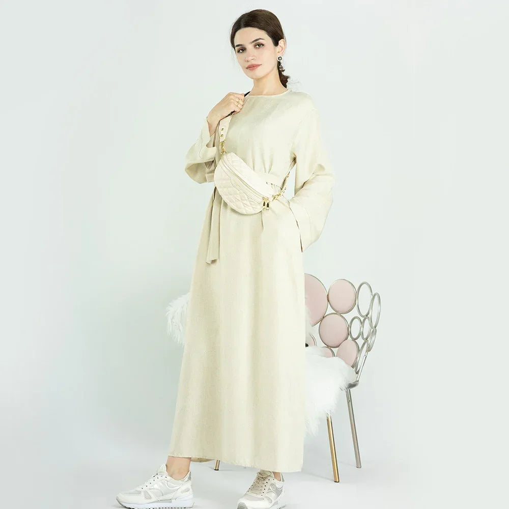 LM007 Linen Open Abaya with Belt & Pockets | Lightweight Modest Wear - LM007-OAT-S (52)-Cardigan LumosModesty