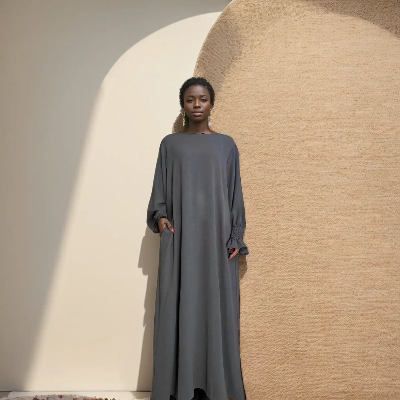 LM008 Crepe Slip Abaya Dress with Pockets | Lightweight Modest Islamic Wear for Women - LM008-DARK GREY-S(XS/S) LumosModesty