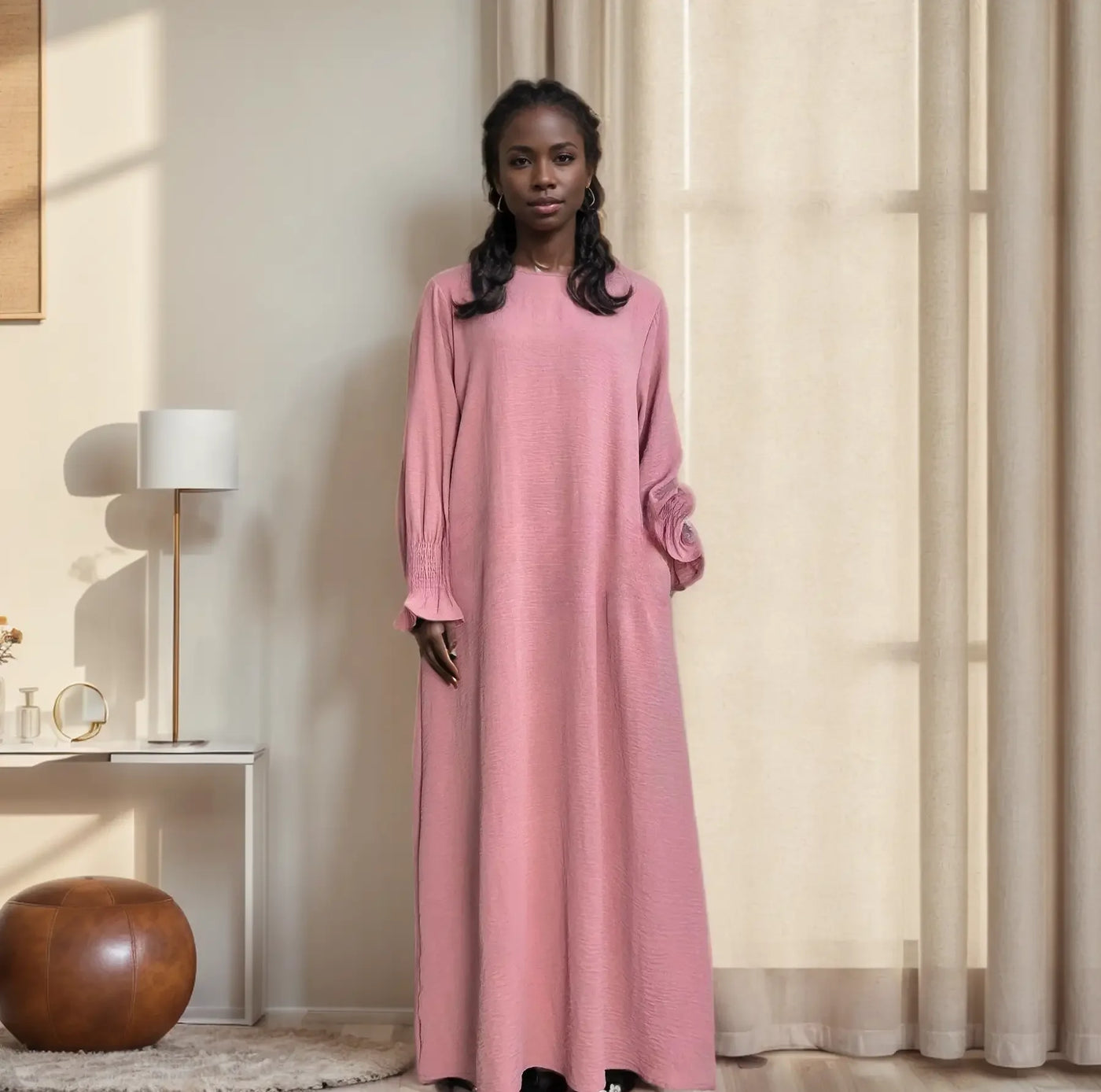 LM008 Crepe Slip Abaya Dress with Pockets | Lightweight Modest Islamic Wear for Women - LM008-PINK-S(XS/S) LumosModesty