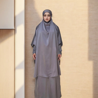 LM011 Luxury Multi-Color Two-Piece Jilbab Set | Elegant Islamic Dress for Women - LM011-DARK GREEN LumosModesty