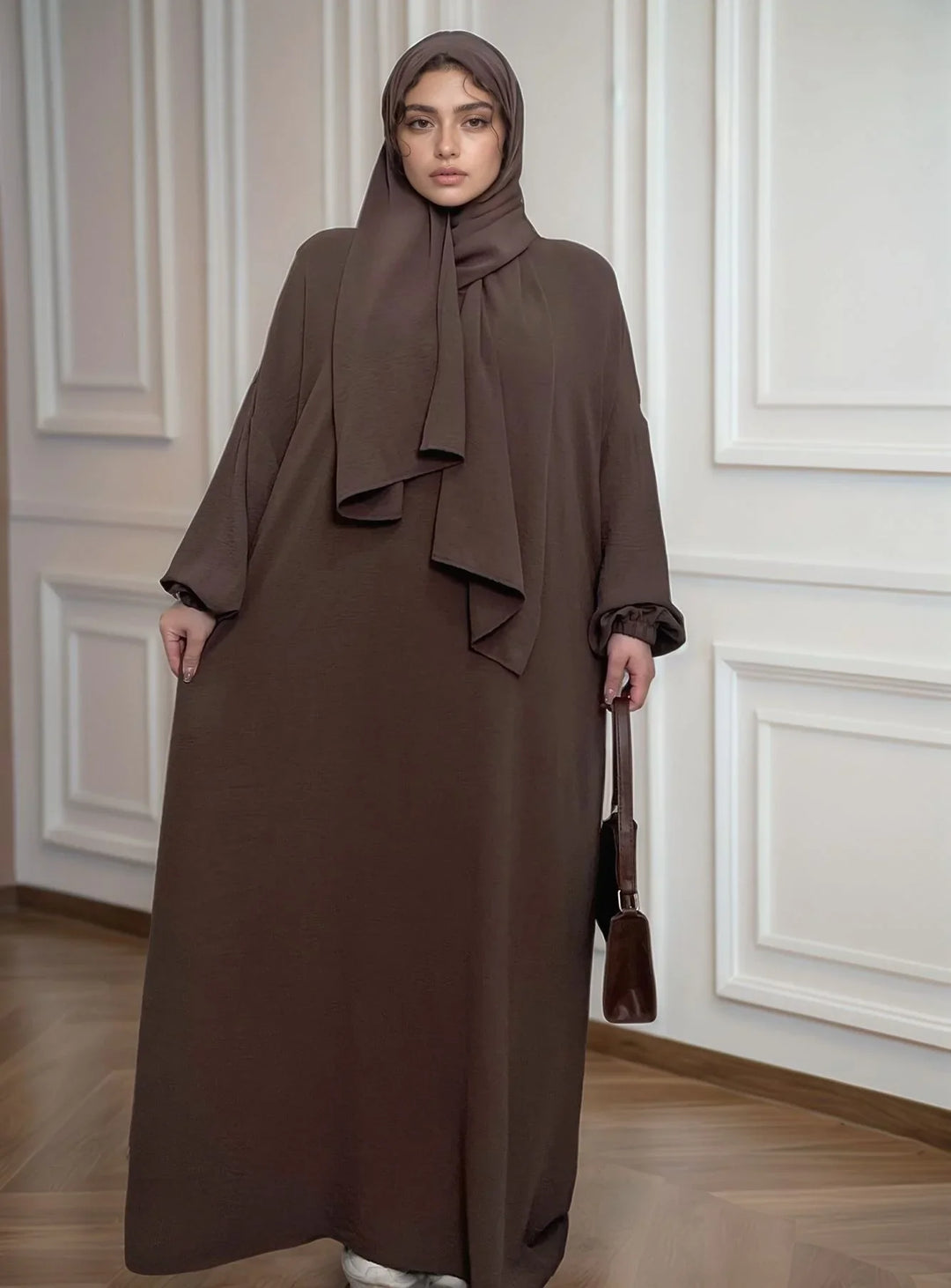 dark brown modest dress Crepe Hooded Abaya with Hijab – LM013 Modest Prayer Dress BEIGE / M (54-56)