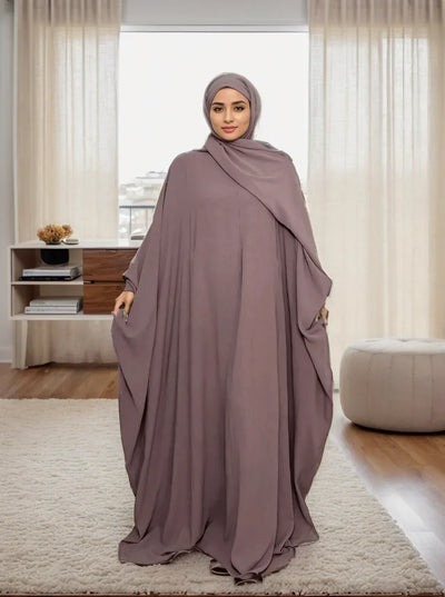 LM014 Plus Size Butterfly Abaya with Hijab Set – Modest Batwing Sleeves Dress for Muslim Women - LM014-Taupe-S (50-52) LumosModesty